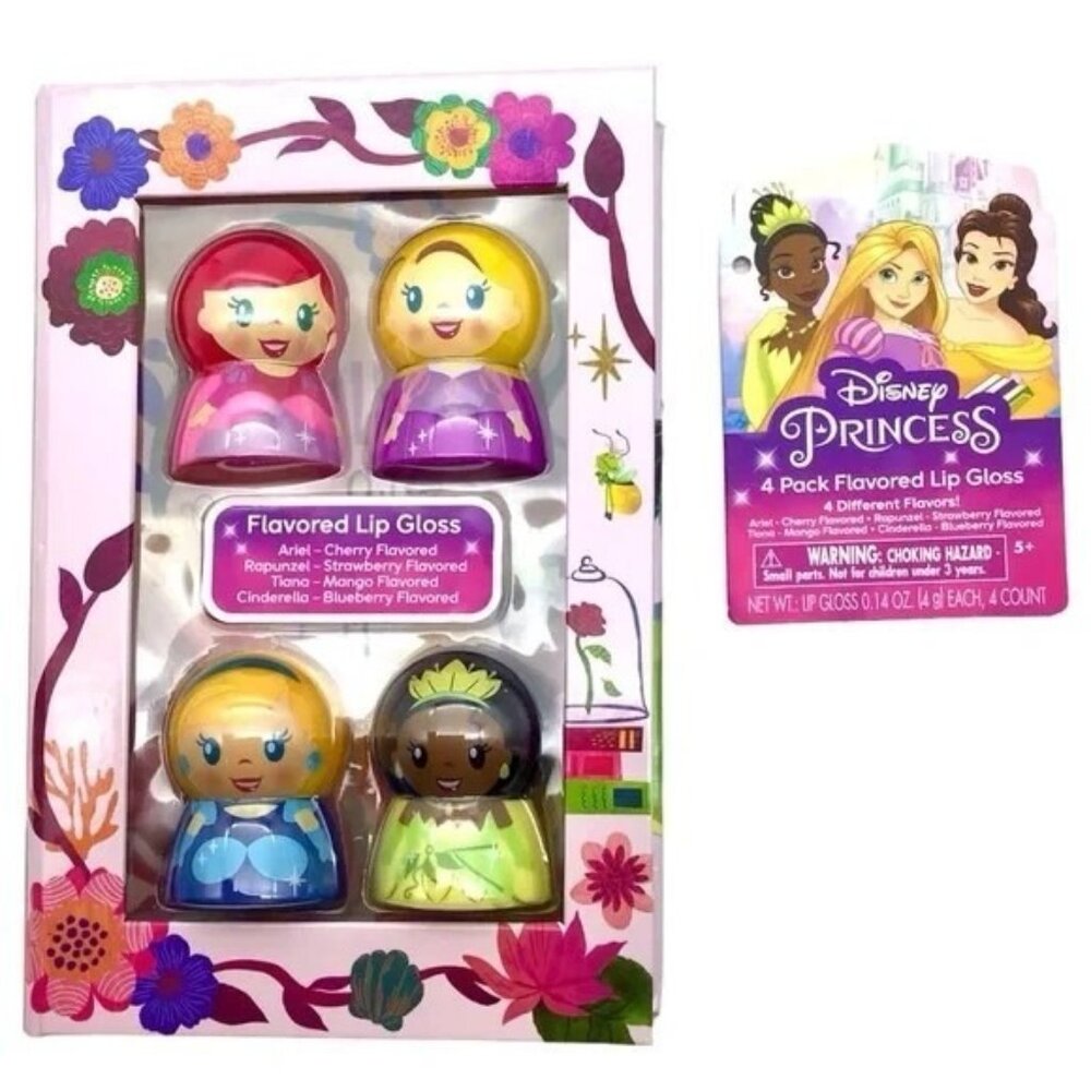 Disney Princess Flavored Lip Gloss 4 Pack  Ariel, Cinderella, Tiana,‎ Rapunzel